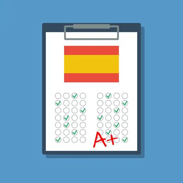 Examen con respuestas marcadas, bandera de España y nota de A+, reflejando los resultados de oposiciones militares.