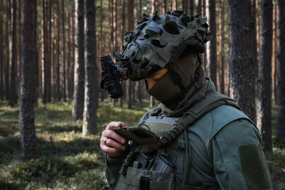 Soldado con equipamiento militar y material castrense reglamentario en un bosque, incluyendo casco táctico y chaleco.