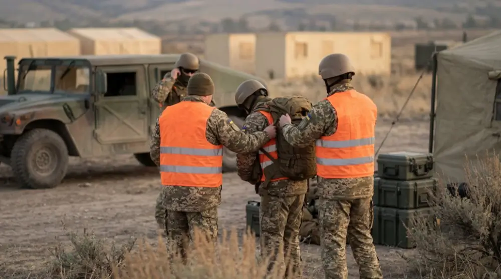 Soldados equipándose con chalecos reflectantes durante un ejercicio de instrucción militar y entrenamiento castrense.